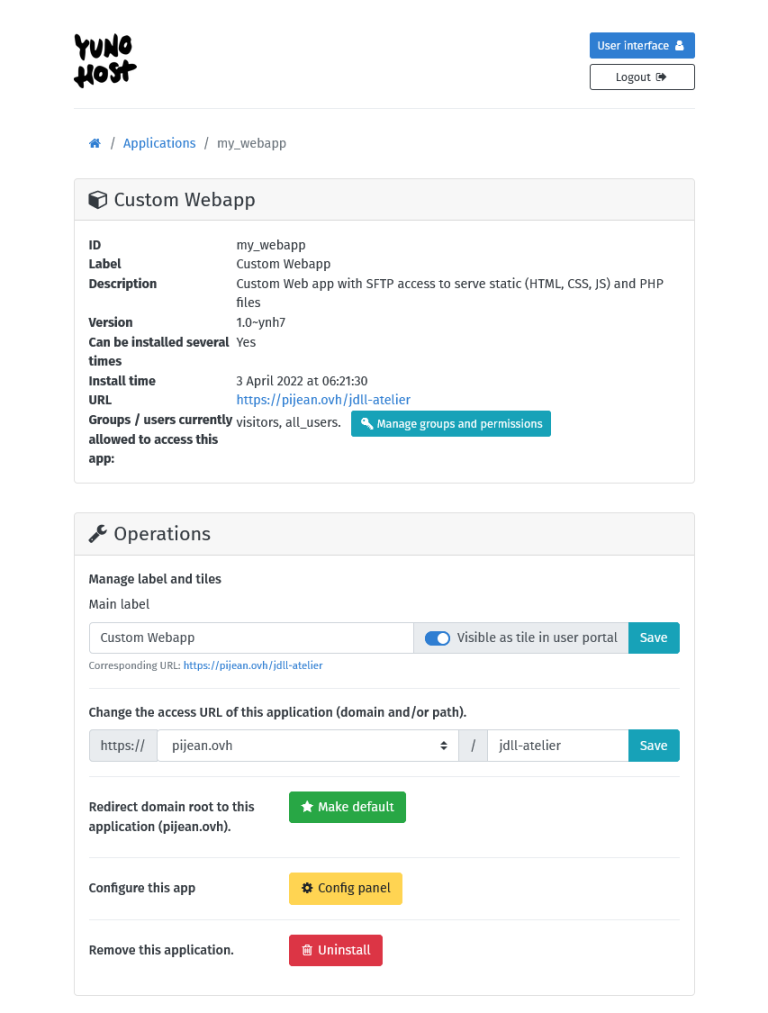 Pagina con le operazioni per le applicazioni
