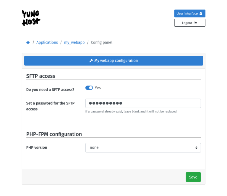 Pannello di configurazione di My Webapp